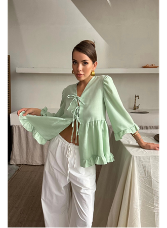 KETEN BLUZ ÖNDEN BAĞLAMALI FIRFIR DETAYLI - Yeşil