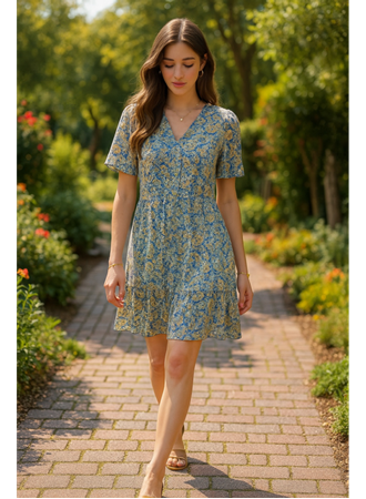 Yeşil Desenli Saten Elbise