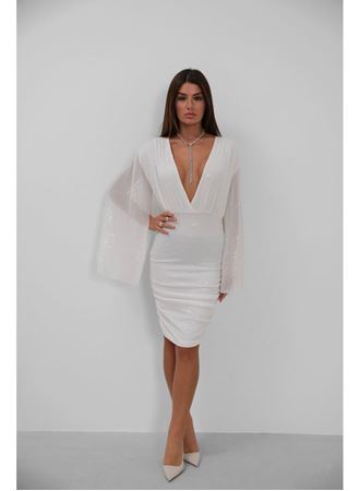 Yarasa Kol Kruvaze Sırt Dekolteli Pullu Elbise