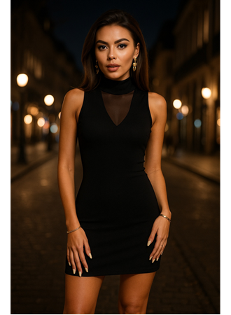 Kadın Balıkçı Yaka Tül Detay Kolsuz Mini Elbise