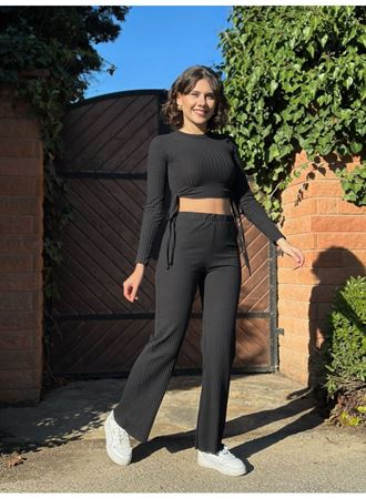 Kadın Yandan Bağlamalı Geniş Paçalı Fitil Kaşkorse İkili Takım