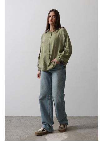 Çizgili Uzun Kol Gömlek - Haki