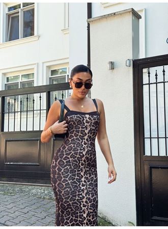 Kadın Dalgıç Kumaş Dijital Leopar Baskılı Midi Boy Elbise