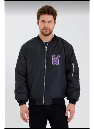 Unisex Uzun Kol Baskılı Bomber Ceket - Siyah