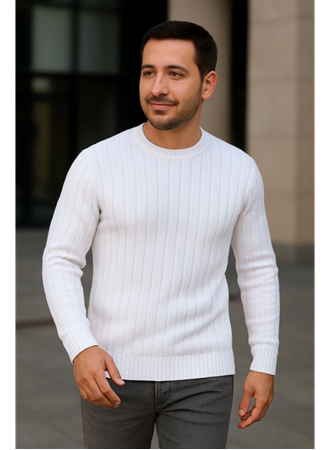 Erkek Bisiklet Yuvarlak Yaka Triko Kazak Pamuklu Kalın Fitilli Dokuma, Regular Fit Uzun Kollu Kışlık Model - Beyaz