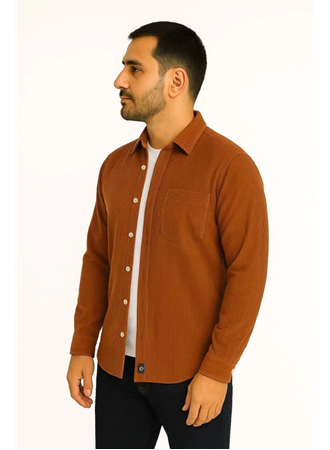Erkek Fitilli Kadife Cepli Gömlek Oversize Rahat Kalıp - Kahverengi