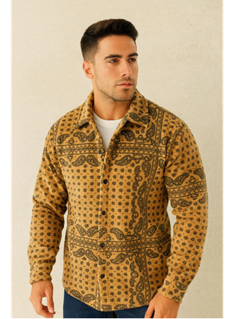 Erkek Desenli Düğmeli Polar Gömlek – Hardal Paisley Desen Yakalı, Uzun Kollu, Oversize Rahat Kalıp - Sarı