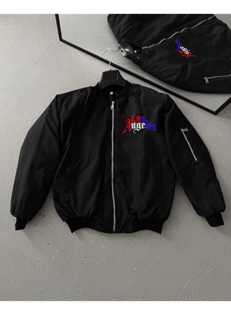 Tam Fermuarlı Uzun Kol Baskılı Bomber Ceket - Siyah