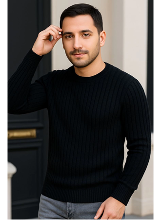 Erkek Bisiklet Yuvarlak Yaka Triko Kazak Pamuklu Kalın Fitilli Dokuma, Regular Fit Uzun Kollu Kışlık Model - Siyah