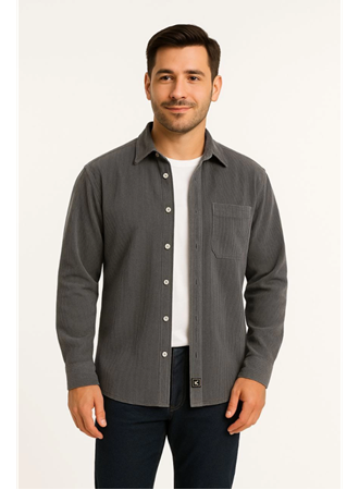 Erkek Fitilli Kadife Cepli Gömlek Oversize Rahat Kalıp - Füme