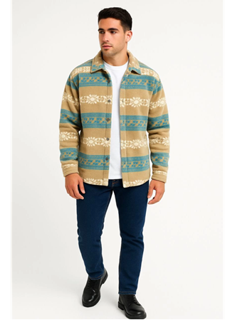 Erkek Desenli Polar Gömlek – Etnik Şerit Desen Yakalı, Uzun Kollu, Düğmeli, Oversize Rahat Kalıp - Sarı