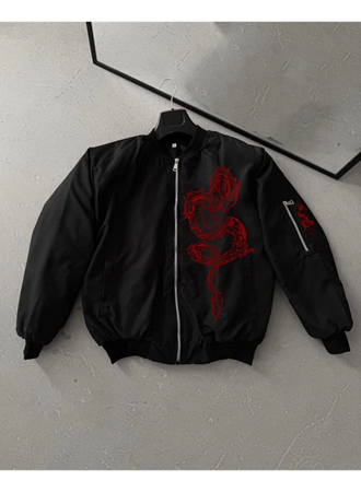 Tam Fermuarlı Uzun Kol Baskılı Bomber Ceket - Siyah