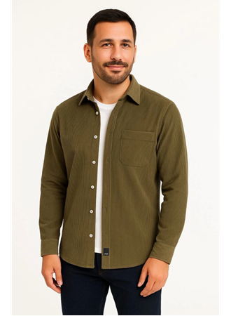 Erkek Fitilli Kadife Cepli Gömlek Oversize Rahat Kalıp - Haki