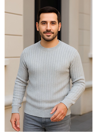 Erkek Bisiklet Yuvarlak Yaka Triko Kazak Pamuklu Kalın Fitilli Dokuma, Regular Fit Uzun Kollu Kışlık Model - Gri