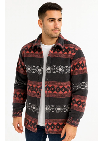 Erkek Desenli Polar Gömlek – Etnik Şerit Desen Yakalı, Uzun Kollu, Düğmeli, Oversize Rahat Kalıp - Füme