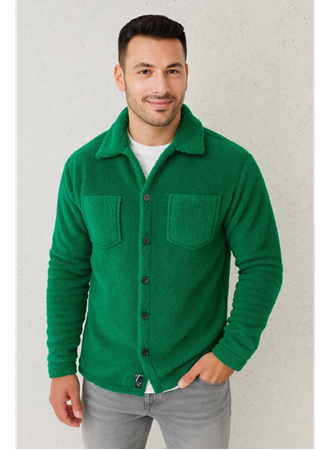 Erkek Pelüş Polar Hırka Gömlek – Yakalı, İlik Düğmeli, Göğüs Cepli, Yumuşak Dokulu Kışlık Regular Fit Rahat Günlük Model - Çimen Yeşili