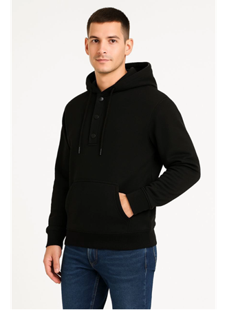 Erkek Ovarsize Kapüşonlu Swetshirt Kanguru Çepli Cıtcıtlı 3 Iplik Şardonlu Hoodie - Siyah