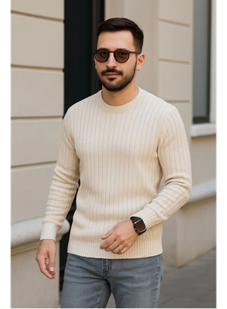 Erkek Bisiklet Yuvarlak Yaka Triko Kazak Pamuklu Kalın Fitilli Dokuma, Regular Fit Uzun Kollu Kışlık Model - Bej
