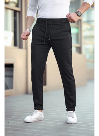 Erkek Diagonel Mikro Dokulu Cepli Beli Lastilki Pantolon - Siyah