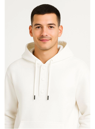Erkek Ovarsize Kapüşonlu Swetshirt Kanguru Çepli Cıtcıtlı 3 Iplik Şardonlu Hoodie - Beyaz