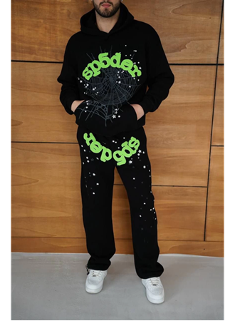 Erkek Kapüşonlu Eşofman Takım Örümcek Ağı Ve Neon Yeşil Baskılı Kanguru Cepli Oversize Rahat Kalıp, Premium Üç İplik Kumaş - Siyah