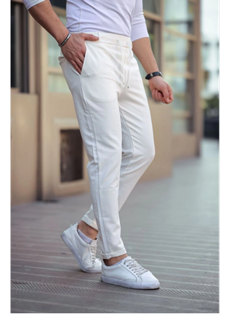 Erkek Diagonel Mikro Dokulu Cepli Beli Lastilki Pantolon - Beyaz