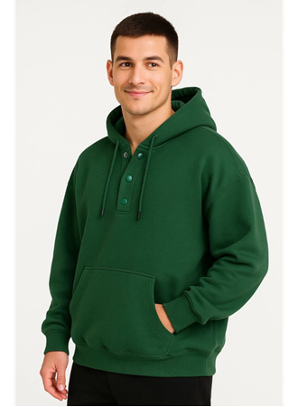 Erkek Ovarsize Kapüşonlu Swetshirt Kanguru Çepli Cıtcıtlı 3 Iplik Şardonlu Hoodie - Haki