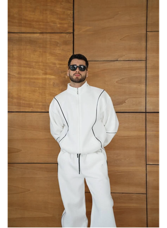 Erkek Premium Parçalı Eşofman Takım - Dik Yaka Fermuarlı Biyeli Sweatshirt Lastik Paça Alt, Oversize 3 Iplik Şardonlu - Beyaz
