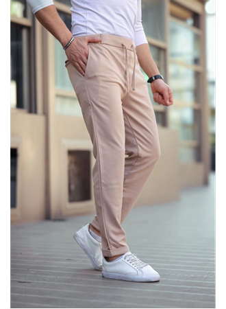 Erkek Diagonel Mikro Dokulu Cepli Beli Lastilki Pantolon - Kahverengi