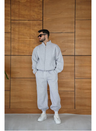 Erkek Premium Parçalı Eşofman Takım - Dik Yaka Fermuarlı Biyeli Sweatshirt Lastik Paça Alt, Oversize 3 Iplik Şardonlu - Gri