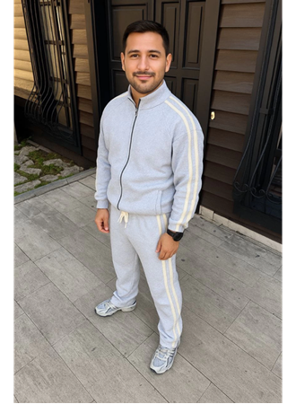 Erkek Çift Şeritli Eşofman Takım Dik Yaka Fermuarlı Sweatshirt Boru Paça Alt, Oversize 3 Iplik Pamuklu - Gri