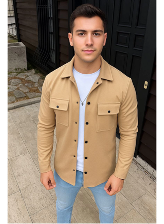 Erkek Diagonal Kumaş Cepli Çıtçıtlı Uzun Kollu, Gömlek Oversize Rahat Kalıp Günlük Şık Stil - Bej