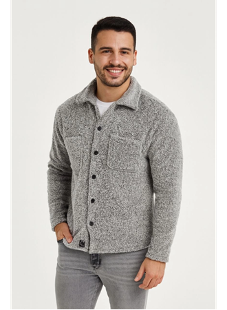 Erkek Pelüş Polar Hırka Gömlek – Yakalı, İlik Düğmeli, Göğüs Cepli, Yumuşak Dokulu Kışlık Regular Fit Rahat Günlük Model - Gri