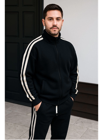 Erkek Çift Şeritli Eşofman Takım Dik Yaka Fermuarlı Sweatshirt Boru Paça Alt, Oversize 3 Iplik Pamuklu - Siyah
