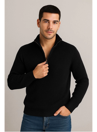 Erkek Yarım Fermuarlı Triko Kazak – Selanik Örgü, Dik Yaka, Pamuklu Dokuma, Regular Fit Uzun Kollu Kışlık Model - Siyah