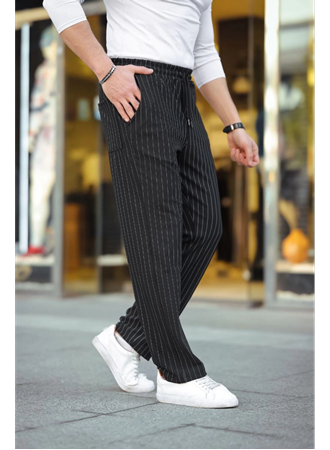 Erkek Cizgili Dokuma Krep Jogger Buggy Pantalon Rahat Kalıp - Siyah