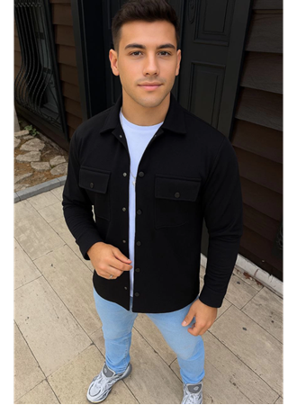 Erkek Diagonal Kumaş Cepli Çıtçıtlı Uzun Kollu, Gömlek Oversize Rahat Kalıp Günlük Şık Stil - Siyah