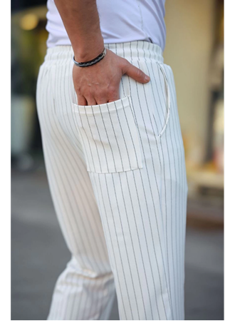 Erkek Cizgili Dokuma Krep Jogger Buggy Pantalon Rahat Kalıp - Beyaz