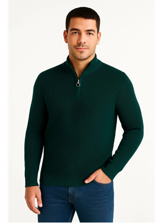 Erkek Yarım Fermuarlı Triko Kazak – Selanik Örgü, Dik Yaka, Pamuklu Dokuma, Regular Fit Uzun Kollu Kışlık Model - Haki