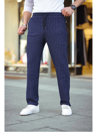 Erkek Cizgili Dokuma Krep Jogger Buggy Pantalon Rahat Kalıp - Lacivert