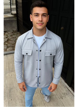 Erkek Diagonal Kumaş Cepli Çıtçıtlı Uzun Kollu, Gömlek Oversize Rahat Kalıp Günlük Şık Stil - Gri