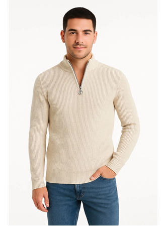 Erkek Yarım Fermuarlı Triko Kazak – Selanik Örgü, Dik Yaka, Pamuklu Dokuma, Regular Fit Uzun Kollu Kışlık Model - Bej