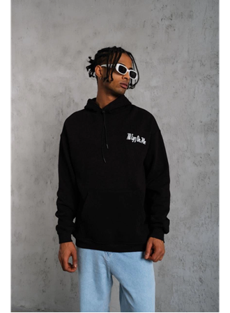 Erkek Oversize Üç İplik Kapüşonlu Sweat – Siyah Kol Ve Etek Ribana Detaylı, Ön Ve Sırt Baskılı, Kanguru Cepli Rahat Kalıp Model