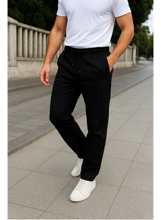 Erkek Keten Pantolon – Cepli, Beli Lastikli Ve Bağcıklı, Nefes Alan Rahat Kalıp, Yazlık Ve Baharlık Günlük Giyim, Şık - Konforlu Boru Paça Model - Siyah