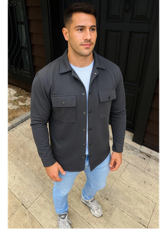 Erkek Diagonal Kumaş Cepli Çıtçıtlı Uzun Kollu, Gömlek Oversize Rahat Kalıp Günlük Şık Stil - Füme