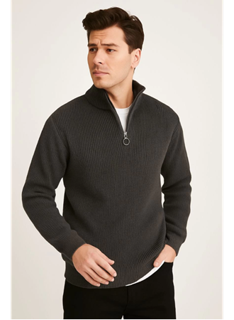 Erkek Yarım Fermuarlı Triko Kazak – Selanik Örgü, Dik Yaka, Pamuklu Dokuma, Regular Fit Uzun Kollu Kışlık Model - Füme