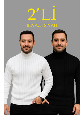 Erkek Fitilli Triko Kazak 2li Set Beyaz Siyah Regular Balıkcı Yaka Tam Boğazlı Triko Seti Modeli Kazak