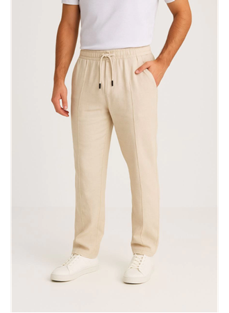 Erkek Keten Pantolon – Cepli, Beli Lastikli Ve Bağcıklı, Nefes Alan Rahat Kalıp, Yazlık Ve Baharlık Günlük Giyim, Şık - Konforlu Boru Paça Model - Bej