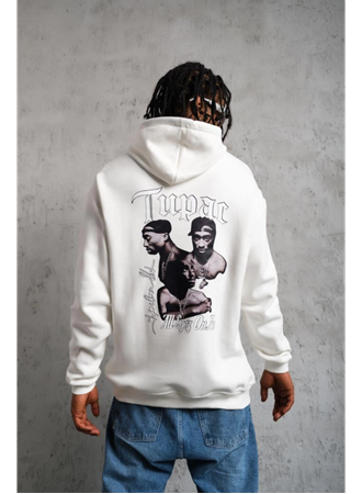 Erkek Oversize Üç İplik Kapüşonlu Sweat – Kol Ve Etek Ribana Detaylı, Ön Ve Sırt Baskılı, Kanguru Cepli Rahat Kalıp Model - Beyaz