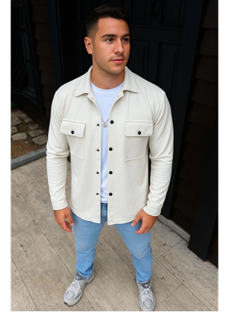 Erkek Diagonal Kumaş Cepli Çıtçıtlı Uzun Kollu, Gömlek Oversize Rahat Kalıp Günlük Şık Stil - Beyaz